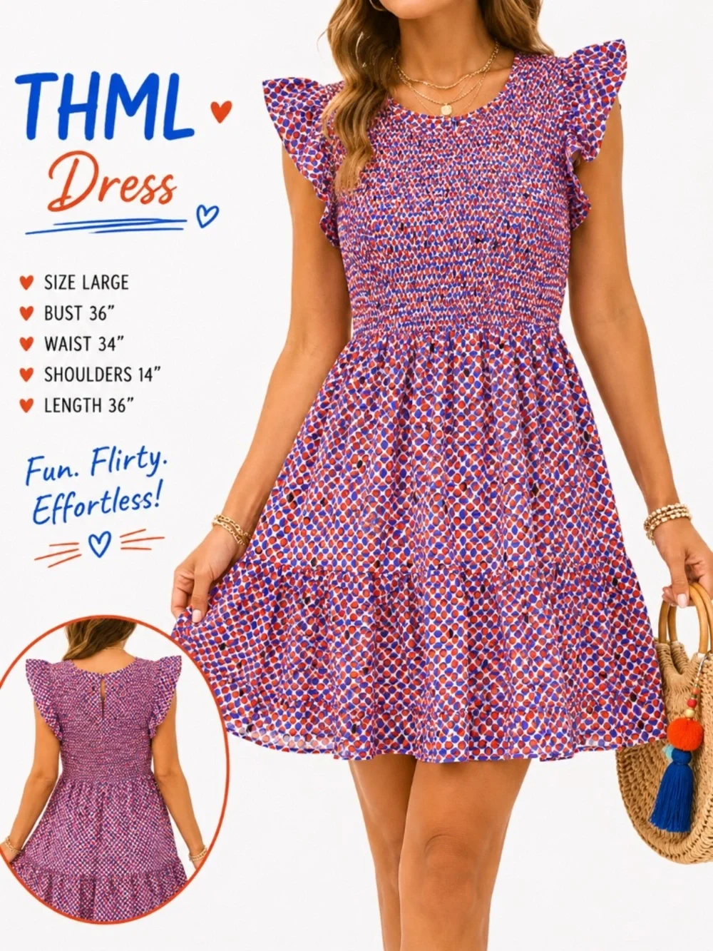 THML Geometric Smocked Flutter Sleeve Dress Large Boho Tiered Mini